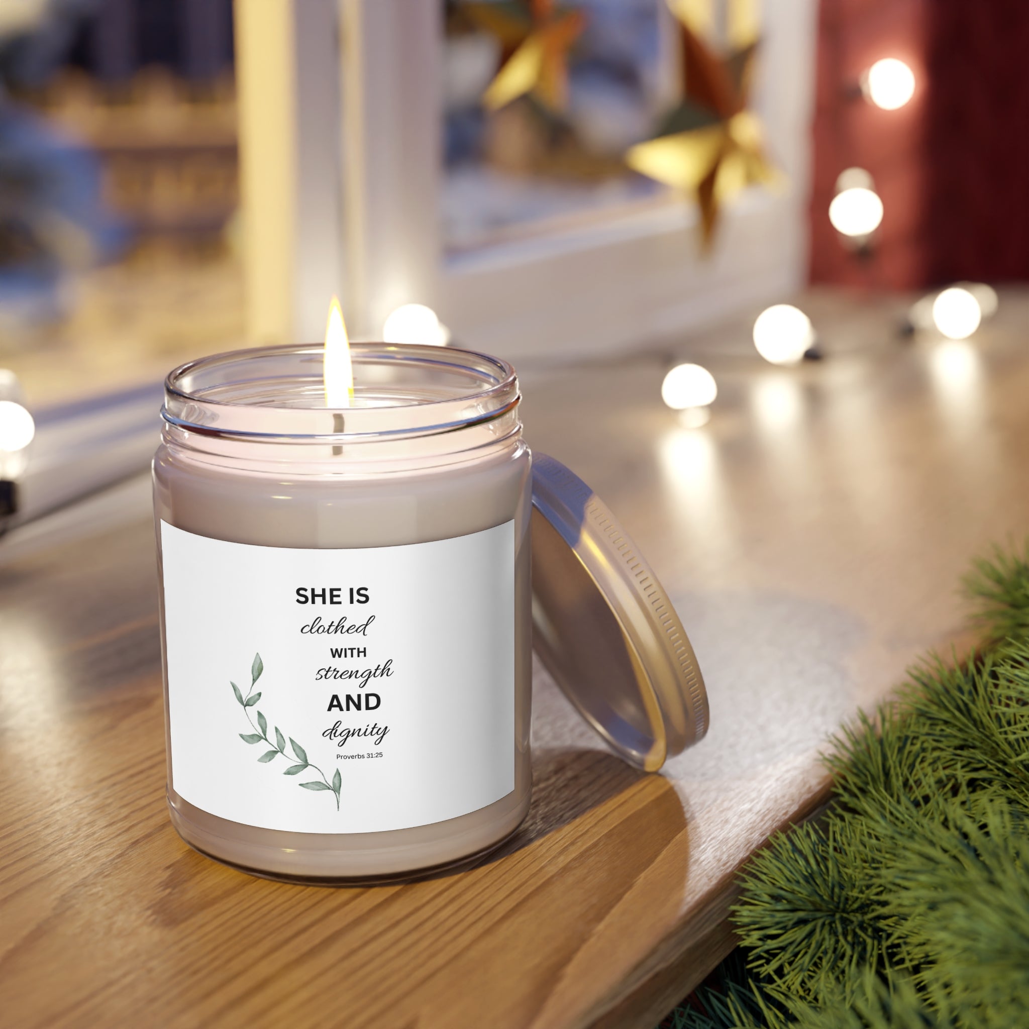 Inspirational Soy Candle 9oz — "She Is Clothed with Strength and Dignity"