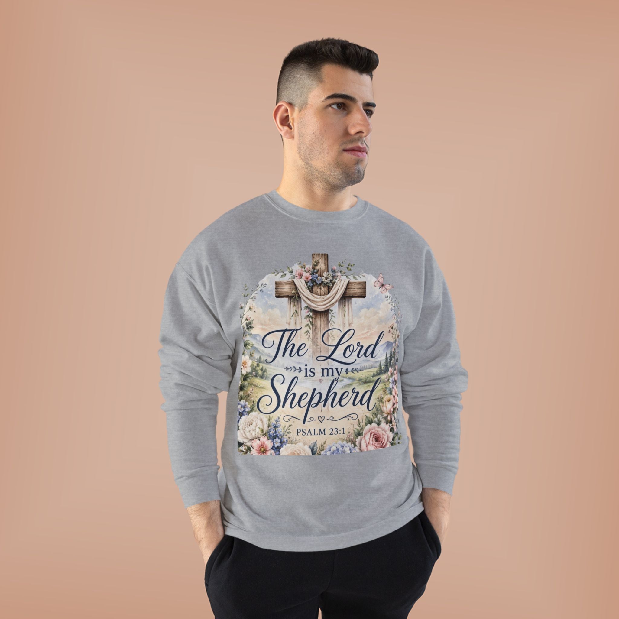 Christian Crewneck Sweatshirt — "The Lord is My Shepherd" Floral Cross Psalm 23:1