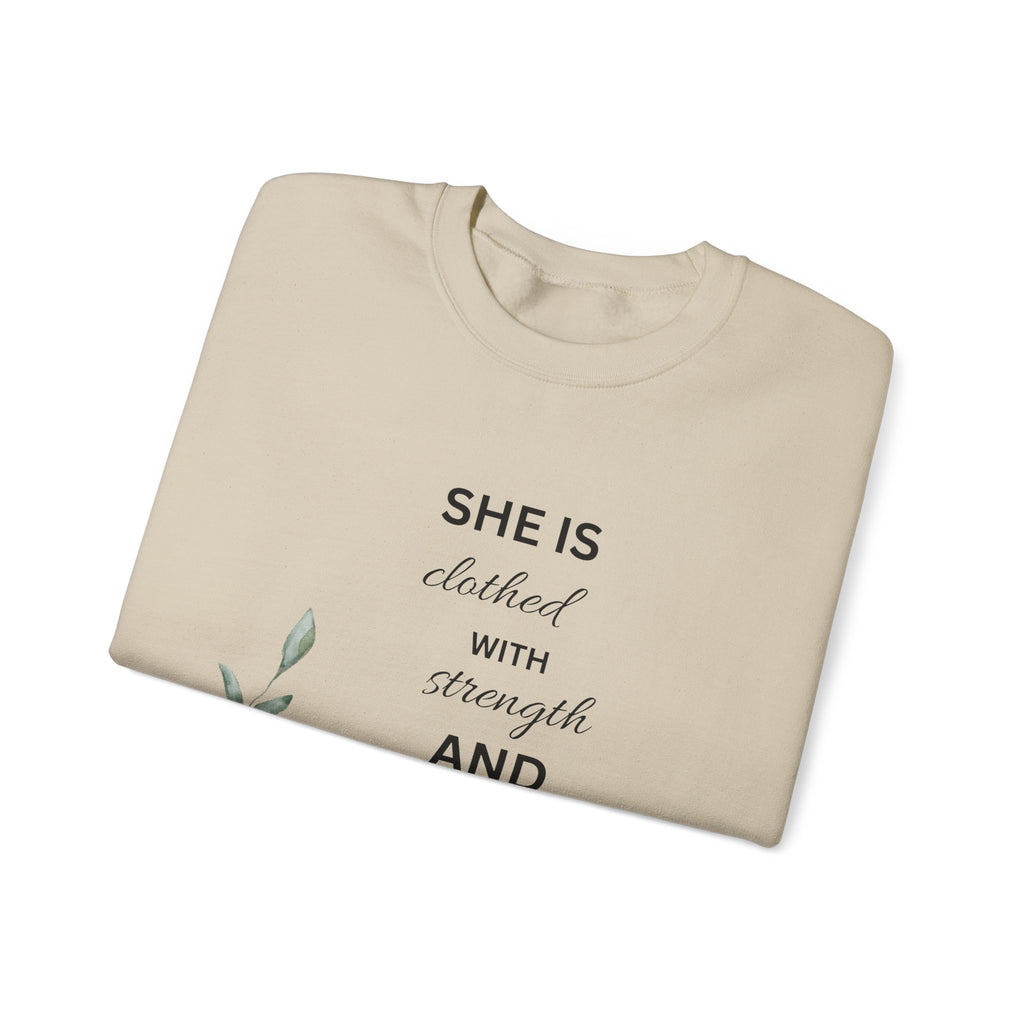 “She is Clothed with Strength and Dignity” Crewneck Sweatshirt | Proverbs 31:25 Christian Sweatshirt