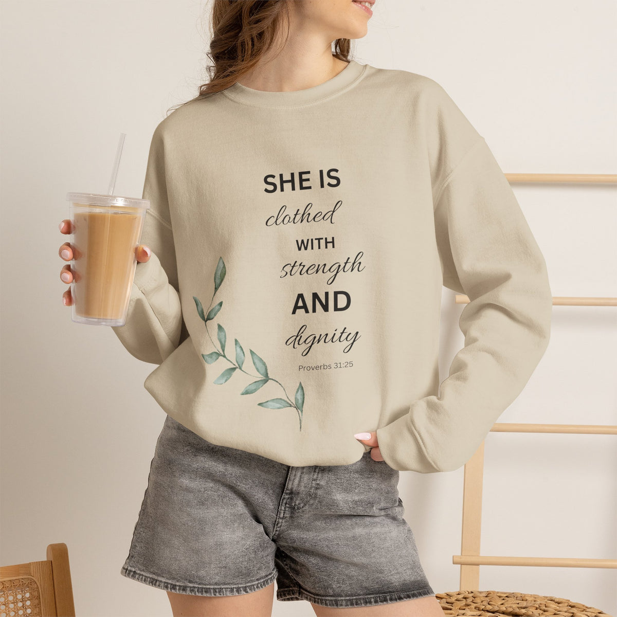 “She is Clothed with Strength and Dignity” Crewneck Sweatshirt | Proverbs 31:25 Christian Sweatshirt