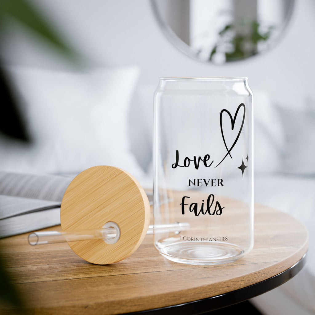 Love Never Fails Sipper Glass — 16oz Clear Tumbler with Bamboo Lid & Straw