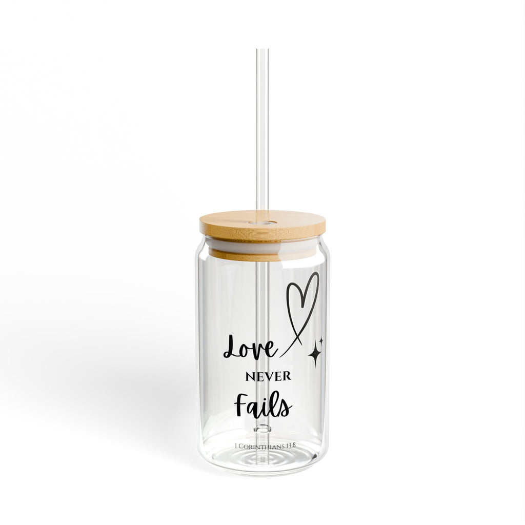 Love Never Fails Sipper Glass — 16oz Clear Tumbler with Bamboo Lid & Straw