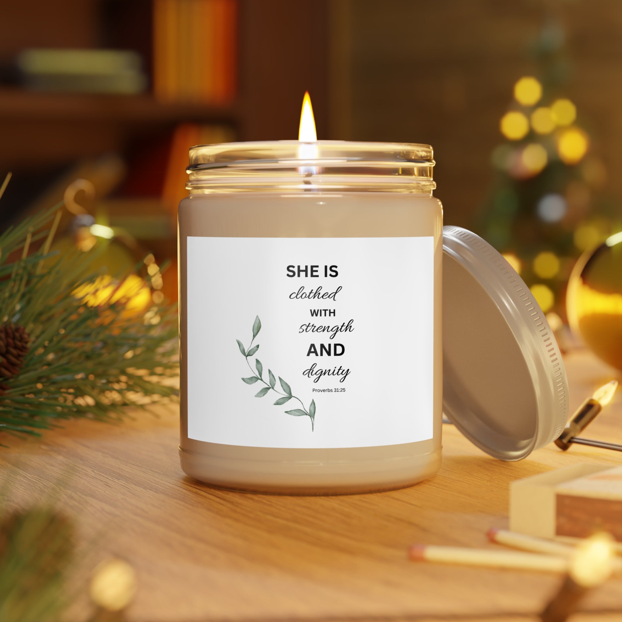 Inspirational Soy Candle 9oz — "She Is Clothed with Strength and Dignity"