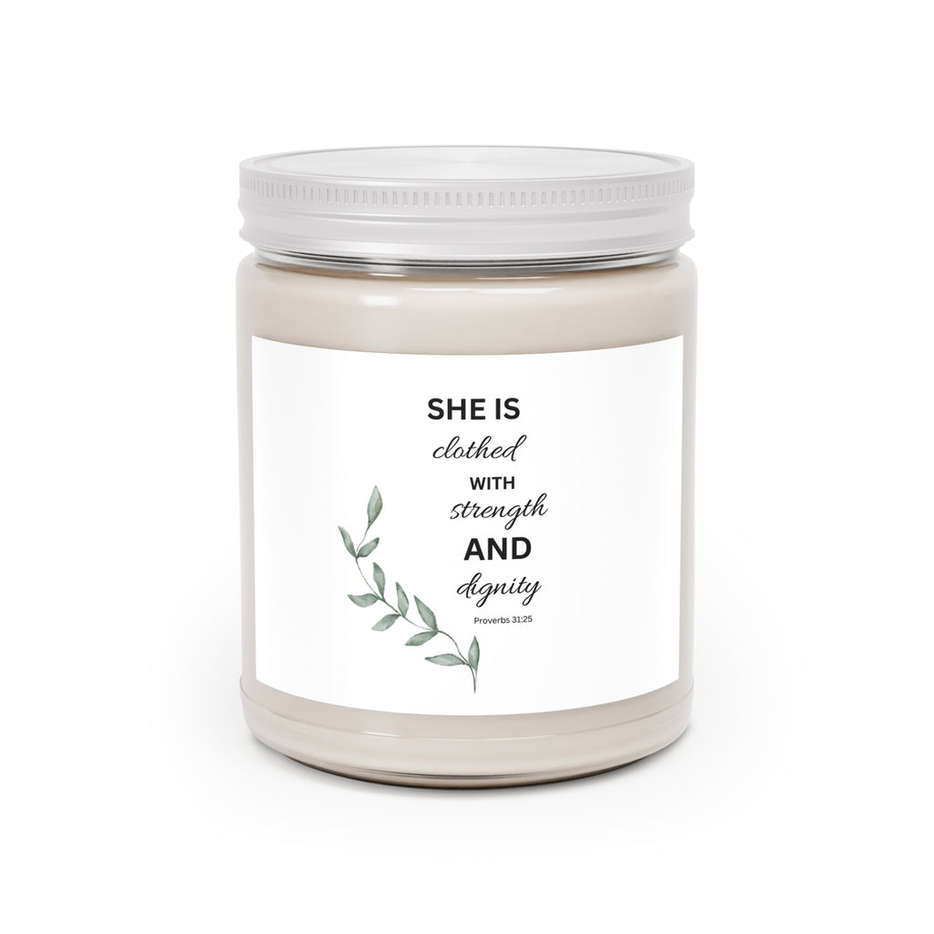 Inspirational Soy Candle 9oz — "She Is Clothed with Strength and Dignity"