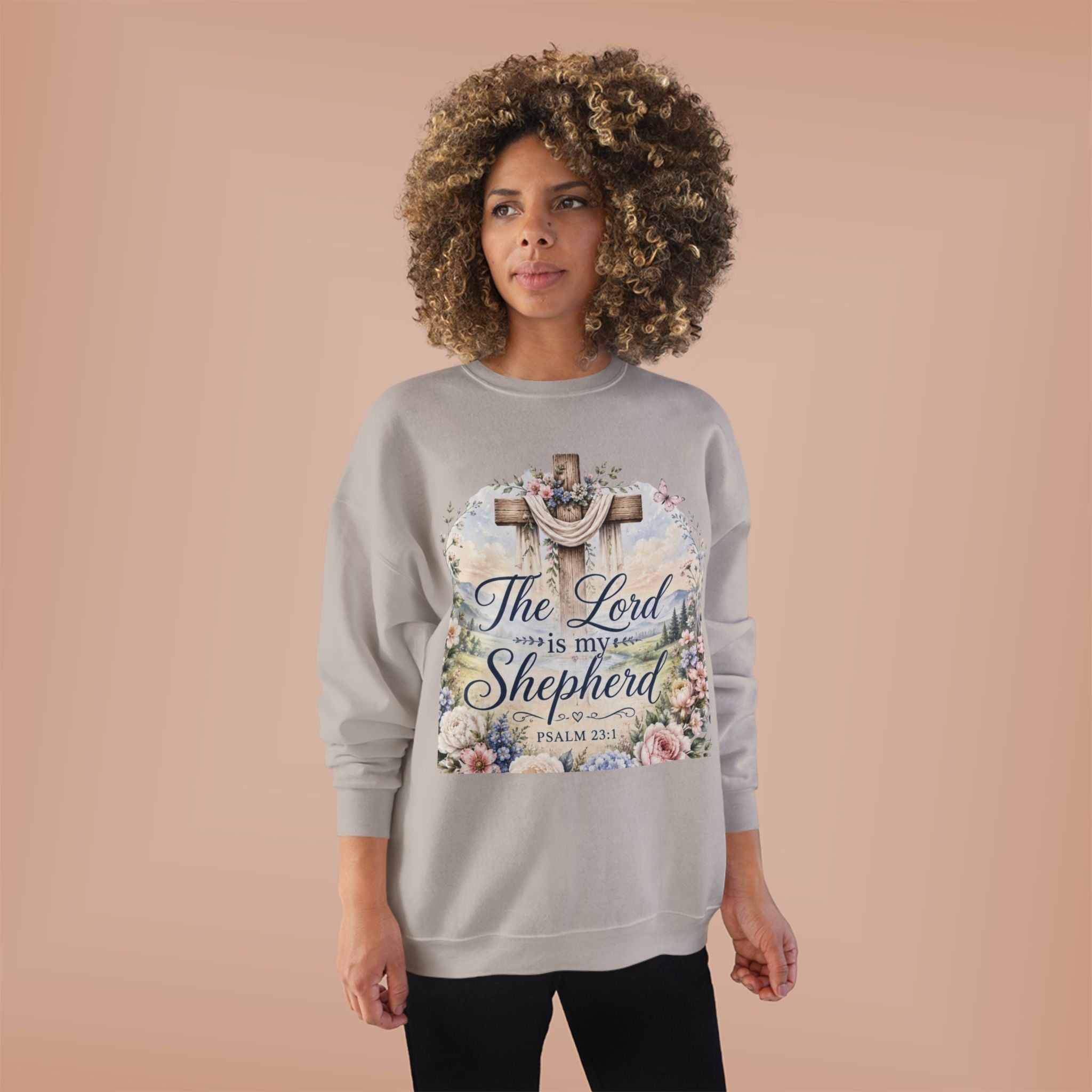 Christian Crewneck Sweatshirt — "The Lord is My Shepherd" Floral Cross Psalm 23:1