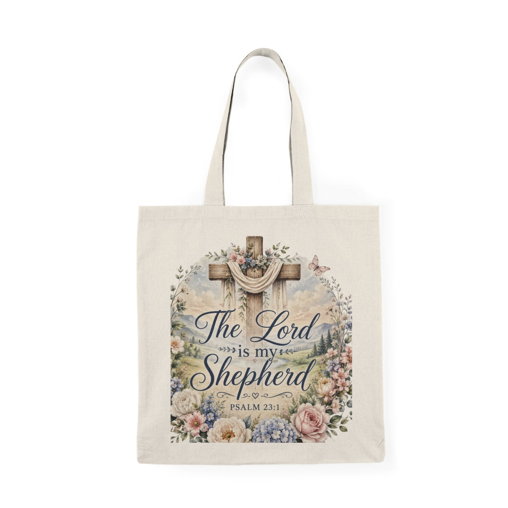 Canvas Tote Bag — “The Lord is My Shepherd” Floral Cross Scripture Tote
