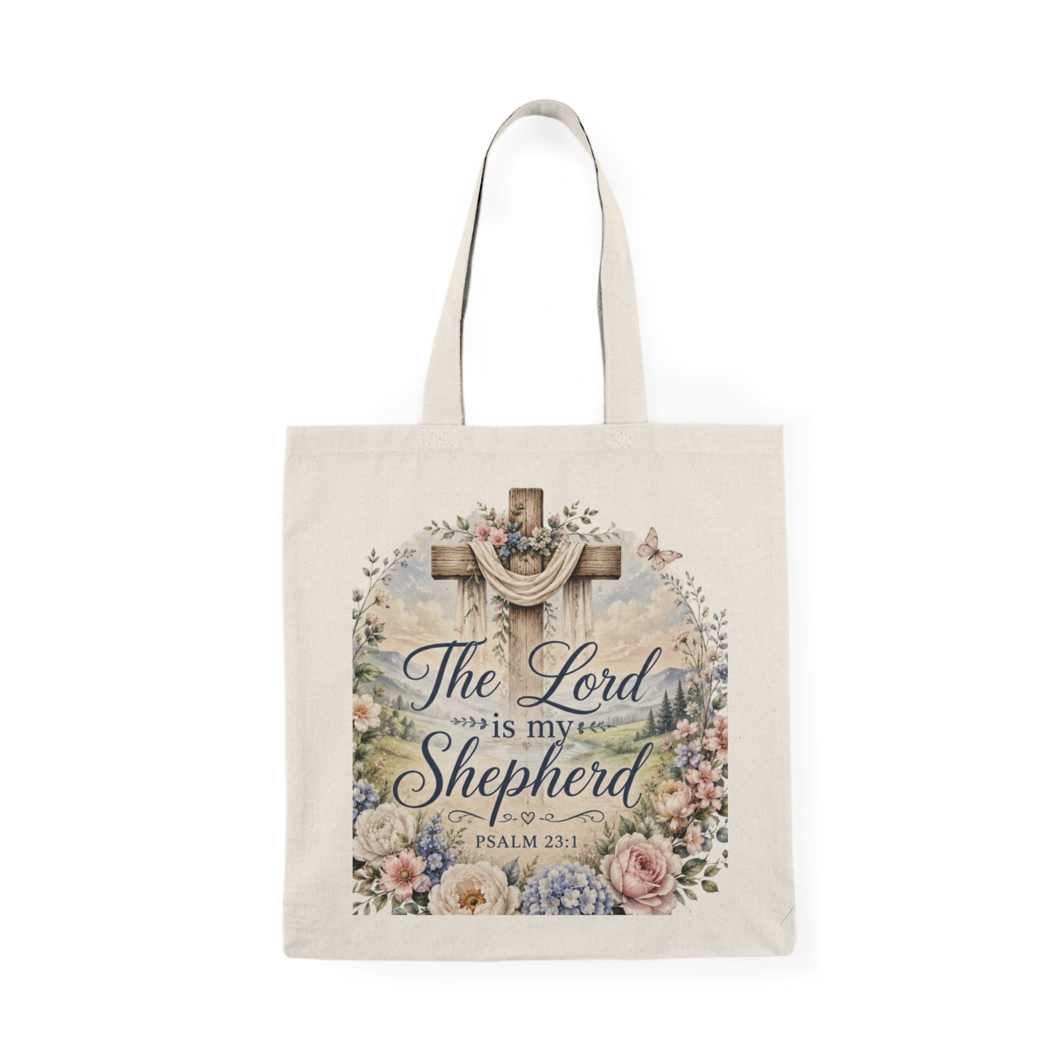 Canvas Tote Bag — “The Lord is My Shepherd” Floral Cross Scripture Tote
