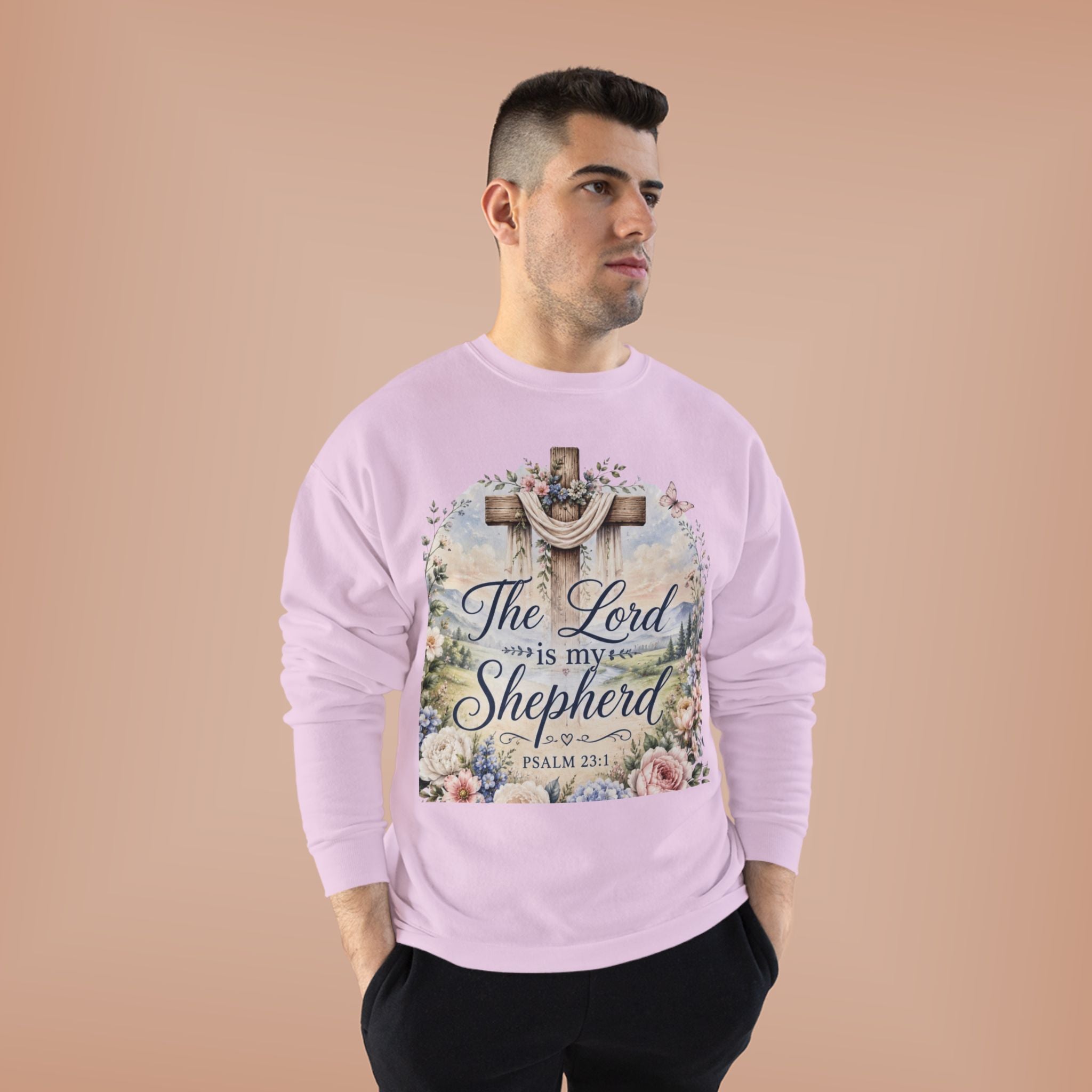 Christian Crewneck Sweatshirt — "The Lord is My Shepherd" Floral Cross Psalm 23:1