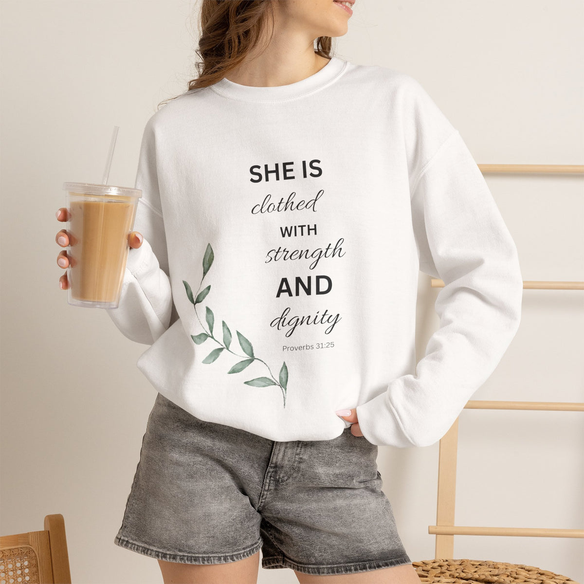 “She is Clothed with Strength and Dignity” Crewneck Sweatshirt | Proverbs 31:25 Christian Sweatshirt