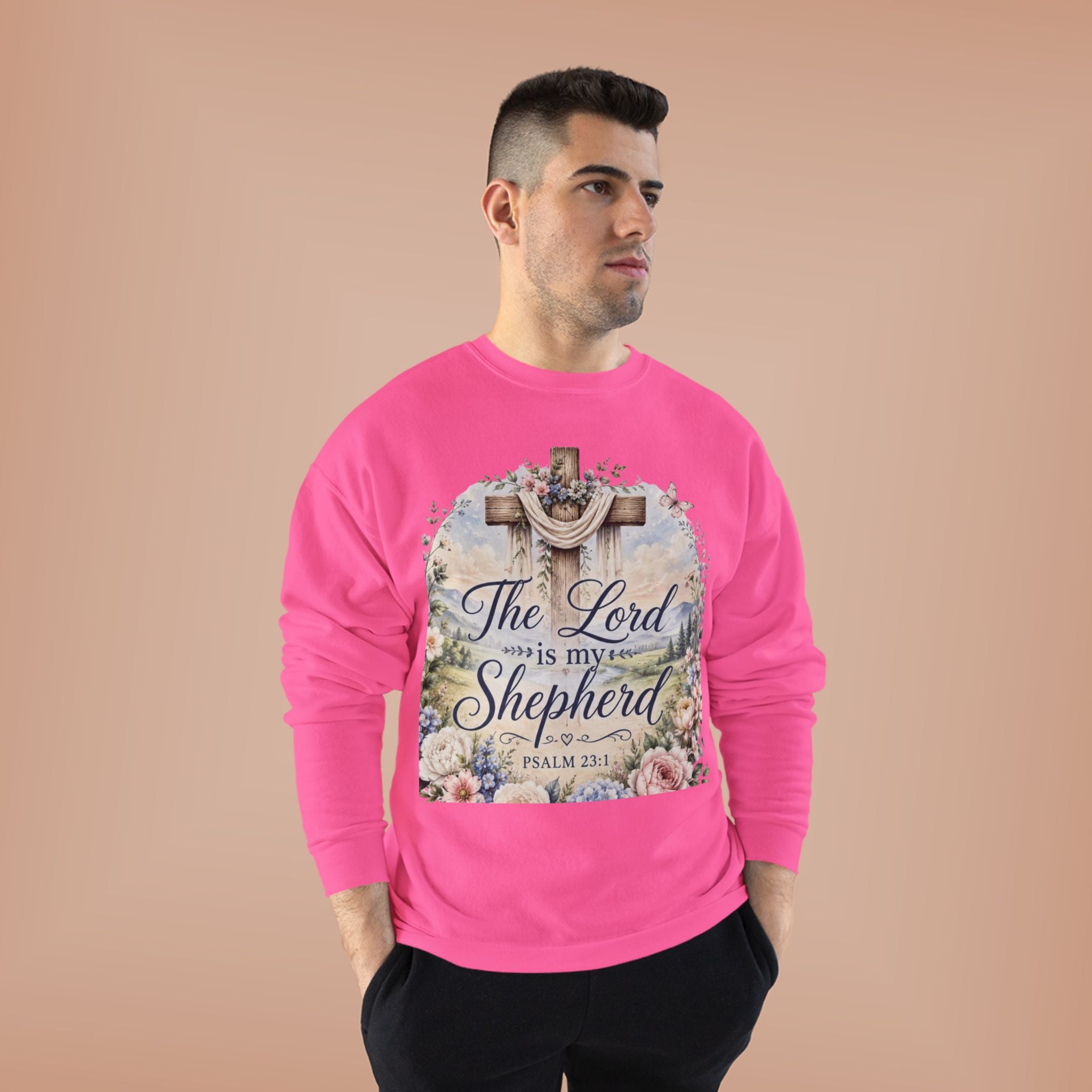 Christian Crewneck Sweatshirt — "The Lord is My Shepherd" Floral Cross Psalm 23:1