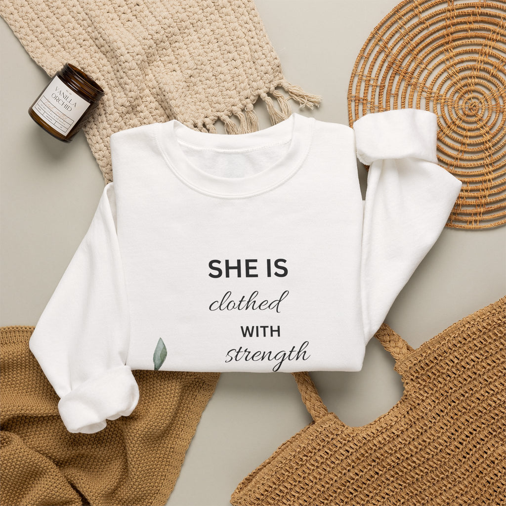 “She is Clothed with Strength and Dignity” Crewneck Sweatshirt | Proverbs 31:25 Christian Sweatshirt