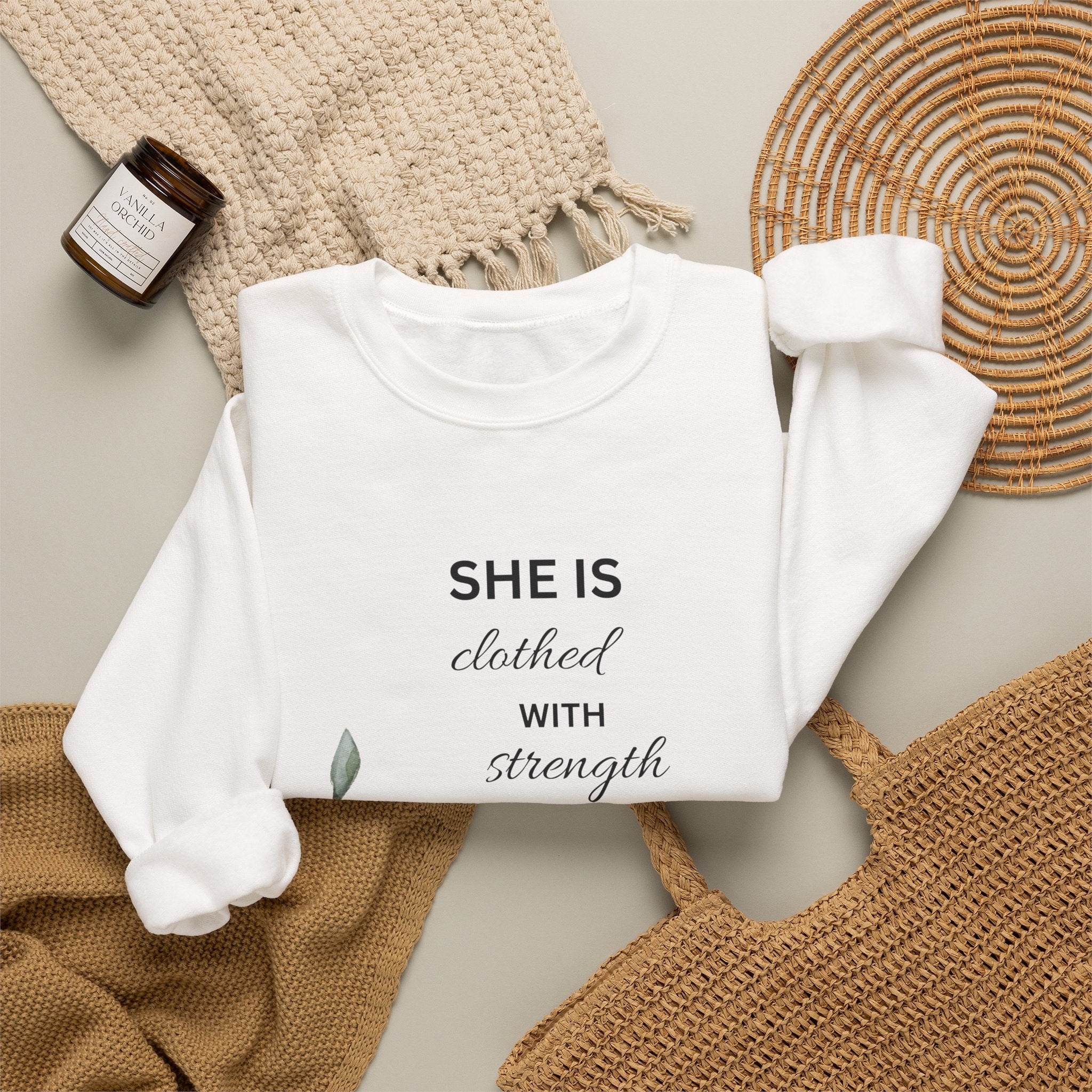 “She is Clothed with Strength and Dignity” Crewneck Sweatshirt | Proverbs 31:25 Christian Sweatshirt