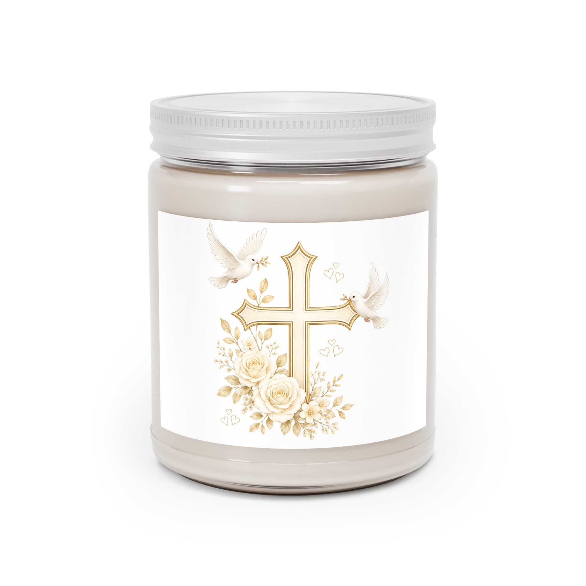 Blessed Cross Soy Candle — 9oz Scented Jar with Doves & Floral Design