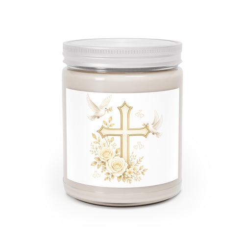 Blessed Cross Soy Candle — 9oz Scented Jar with Doves & Floral Design