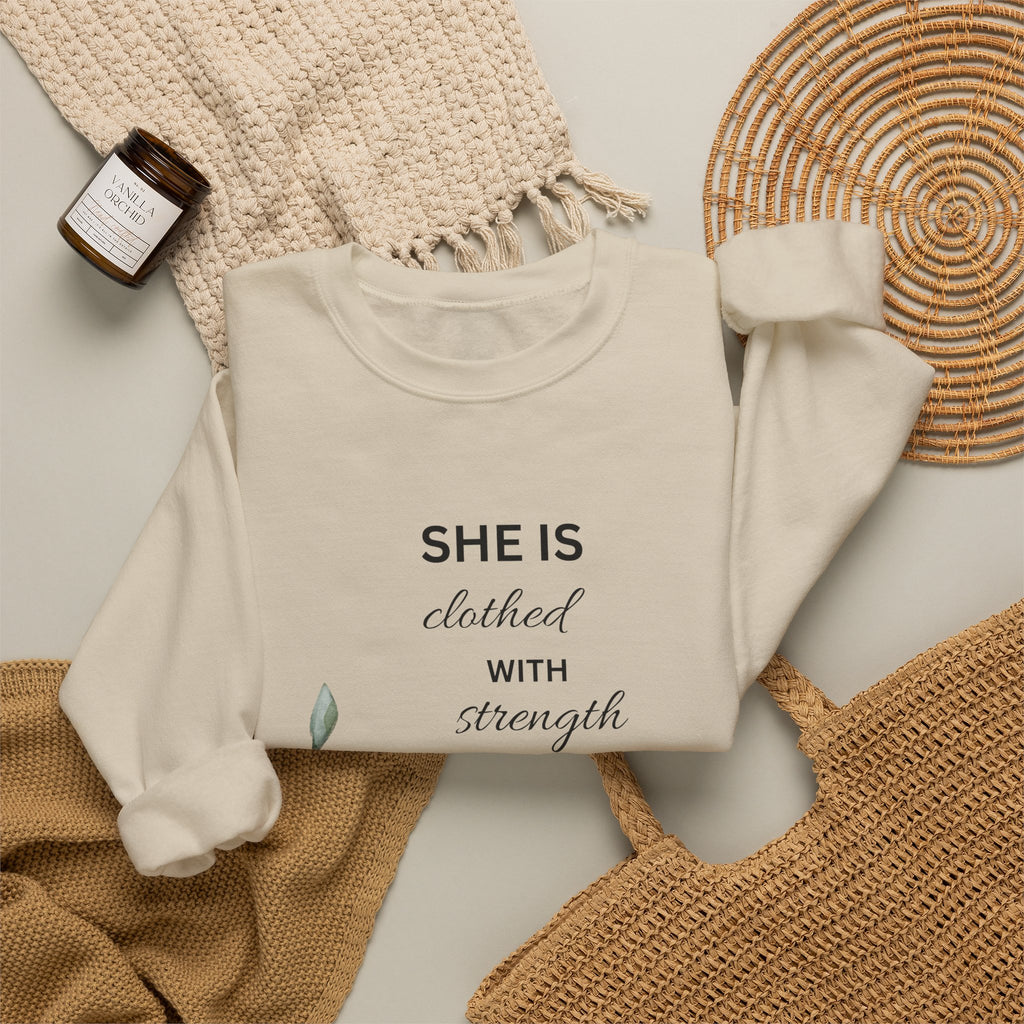 “She is Clothed with Strength and Dignity” Crewneck Sweatshirt | Proverbs 31:25 Christian Sweatshirt