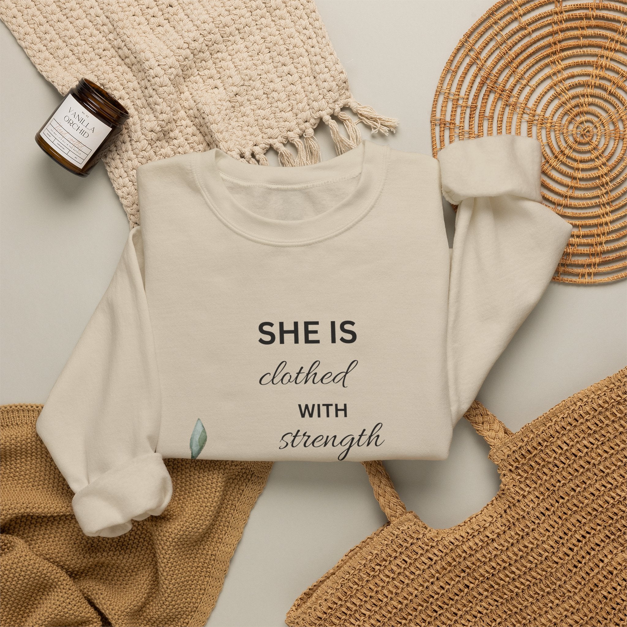 “She is Clothed with Strength and Dignity” Crewneck Sweatshirt | Proverbs 31:25 Christian Sweatshirt