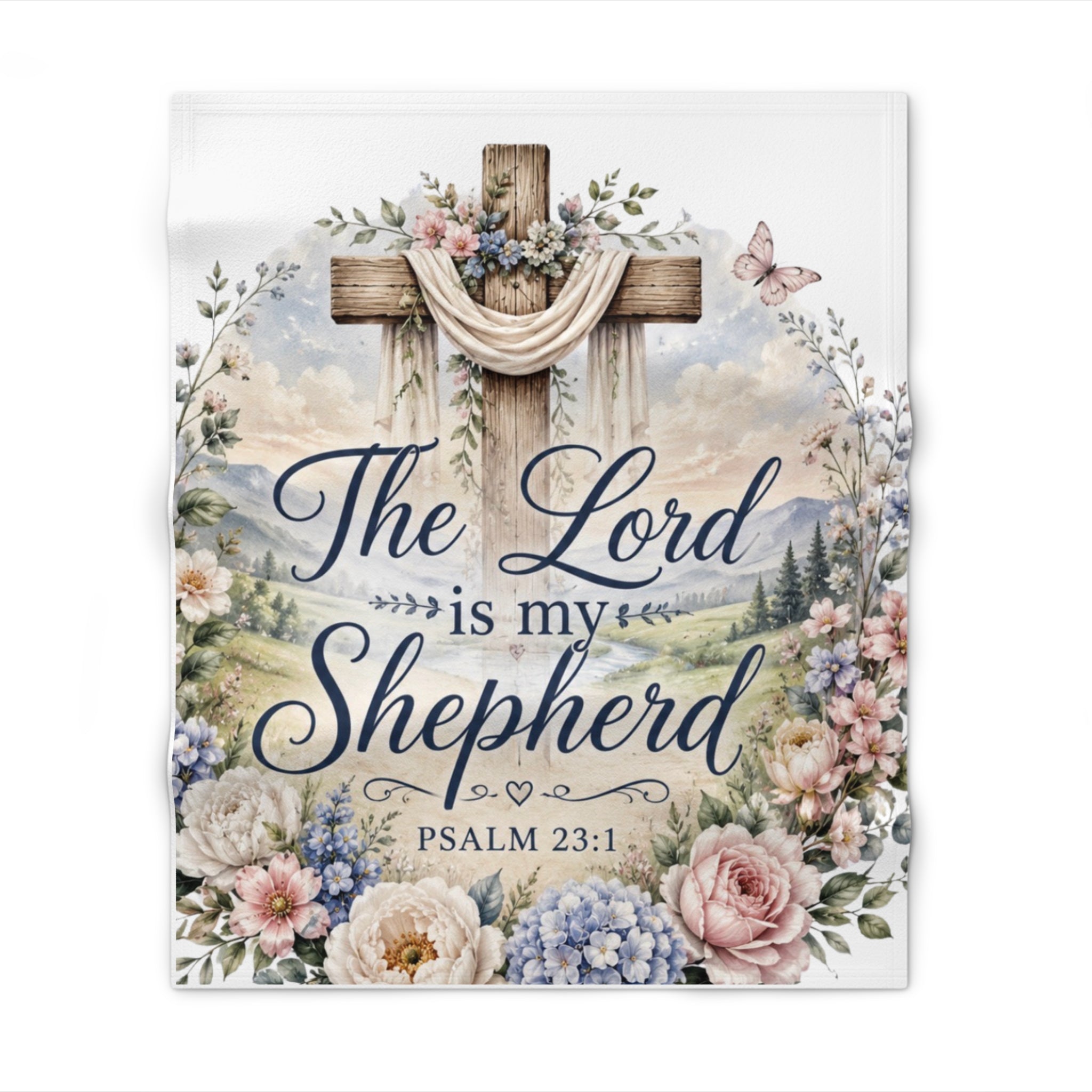 The Lord Is My Shepherd Throw Blanket — Psalm 23 Floral Cross Christian Blanket