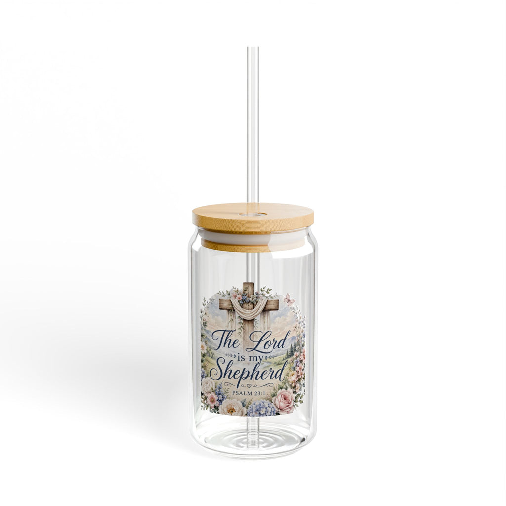 Glass Can Tumbler 'The Lord is My Shepherd' Floral Scripture 16oz with Straw & Bamboo Lid