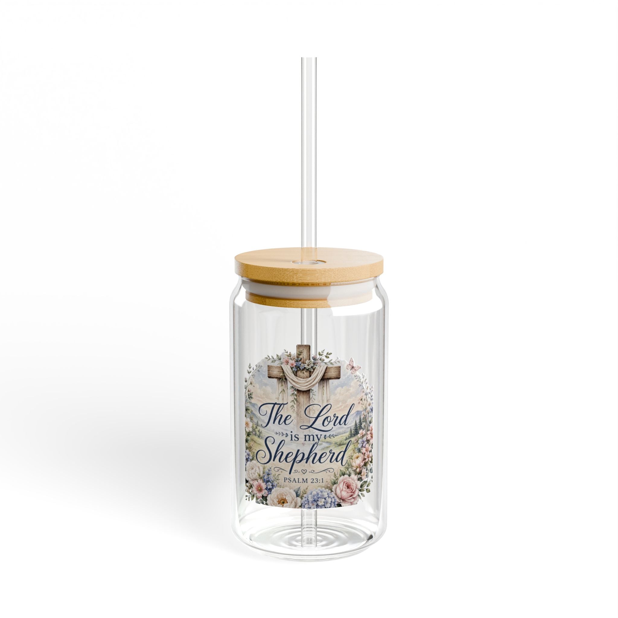 Glass Can Tumbler 'The Lord is My Shepherd' Floral Scripture 16oz with Straw & Bamboo Lid