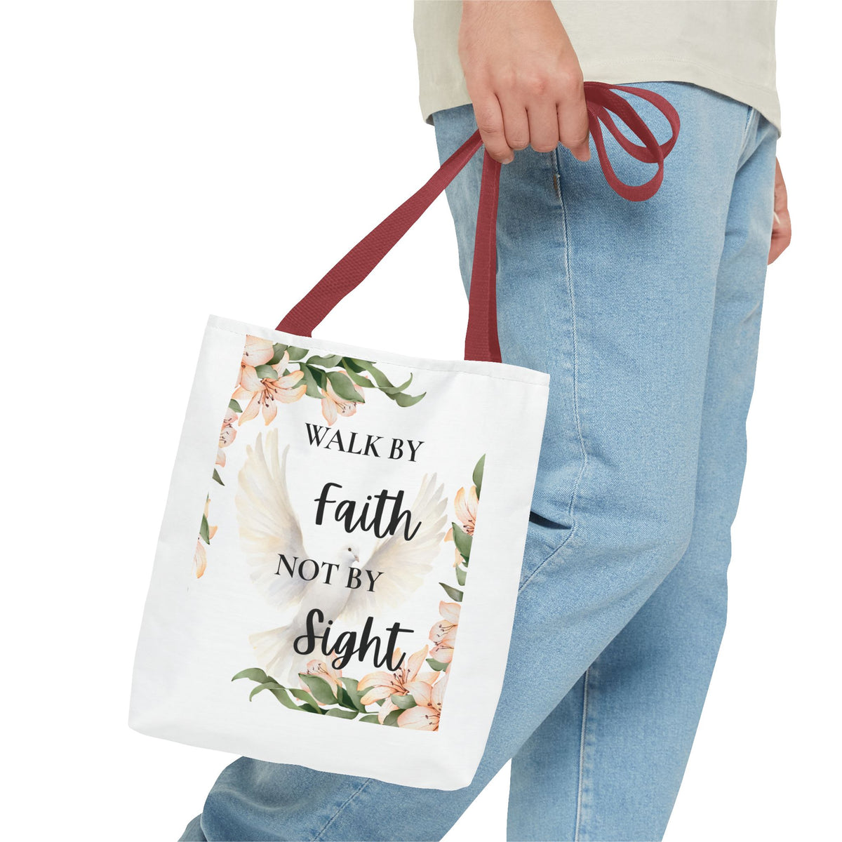 Faith Quote Floral Tote Bag — "Walk by Faith Not by Sight" Inspirational Tote