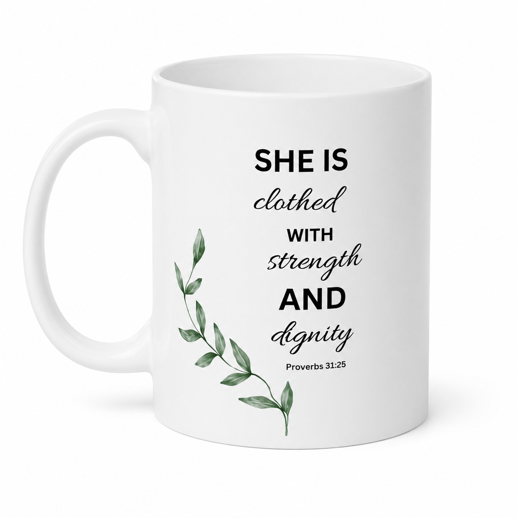 Inspirational Bible Verse Mug - "She is Clothed with Strength and Dignity" (Proverbs 31:25)