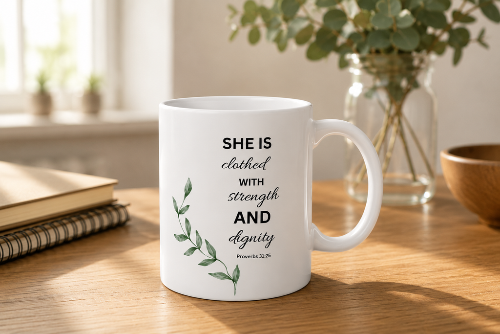 Inspirational Bible Verse Mug - "She is Clothed with Strength and Dignity" (Proverbs 31:25)
