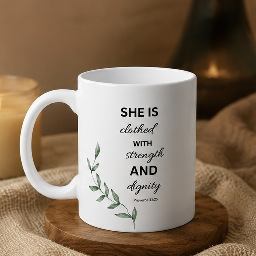 Inspirational Bible Verse Mug - "She is Clothed with Strength and Dignity" (Proverbs 31:25)