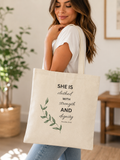 Tote Bag — "She Is Clothed With Strength and Dignity" Inspirational Canvas Tote