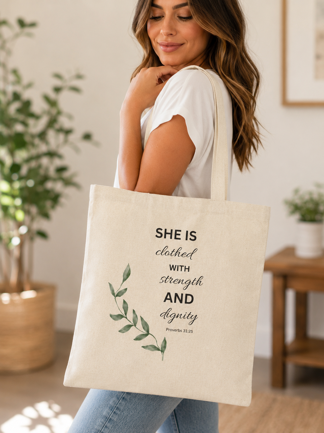 Tote Bag — "She Is Clothed With Strength and Dignity" Inspirational Canvas Tote