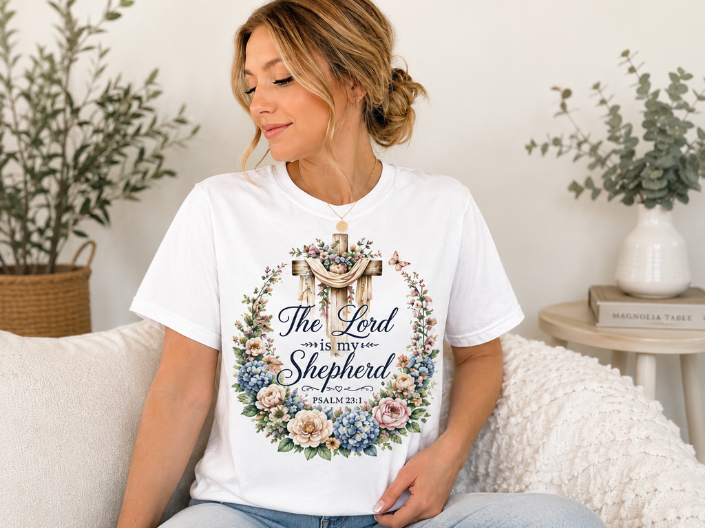 The Lord Is My Shepherd T-Shirt — Psalm 23:1 Cross Floral Christian Tee