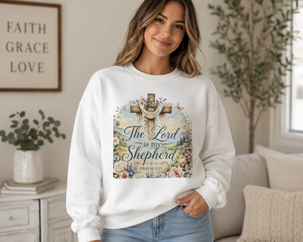 Christian Crewneck Sweatshirt — "The Lord is My Shepherd" Floral Cross Psalm 23:1