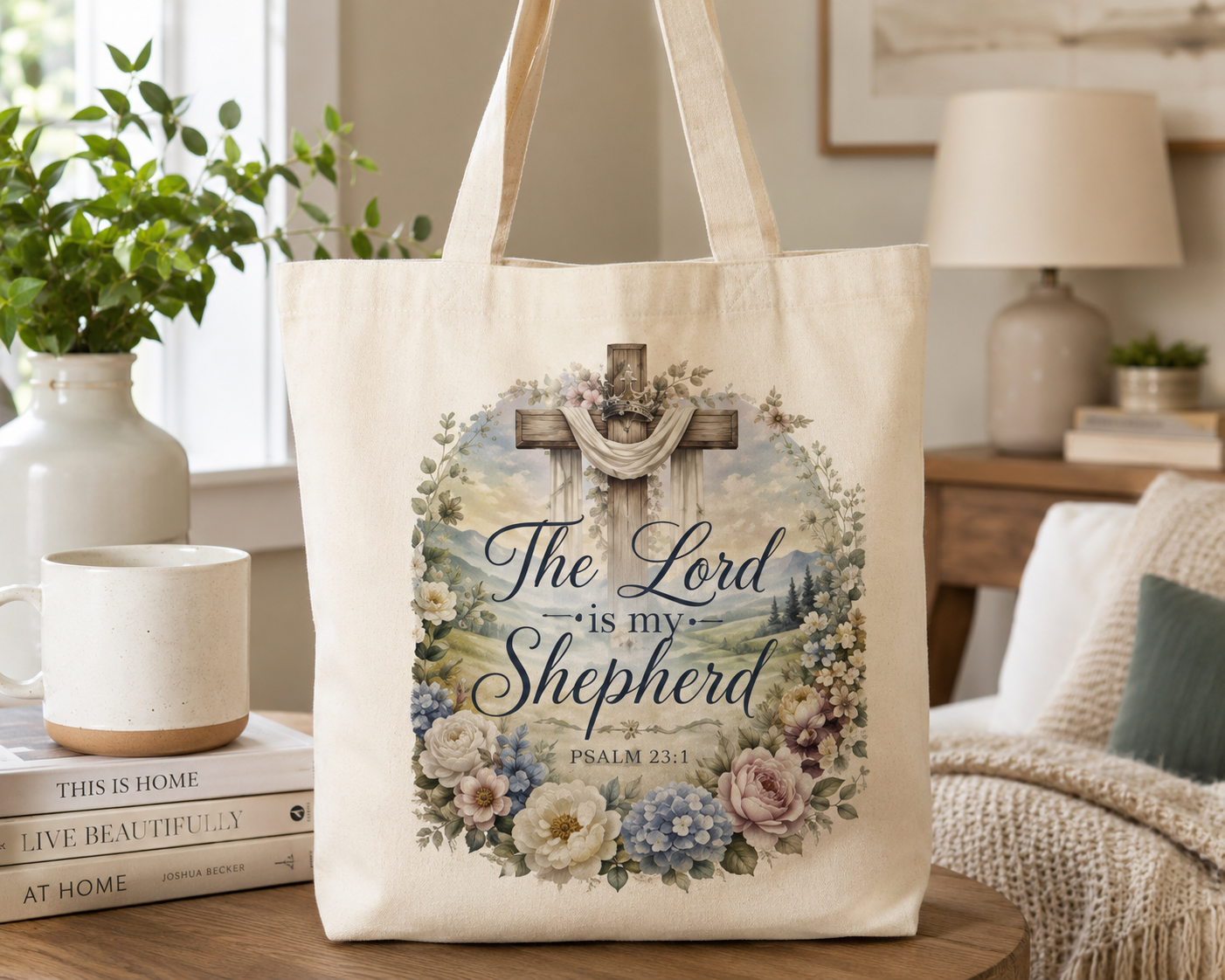 Canvas Tote Bag — “The Lord is My Shepherd” Floral Cross Scripture Tote