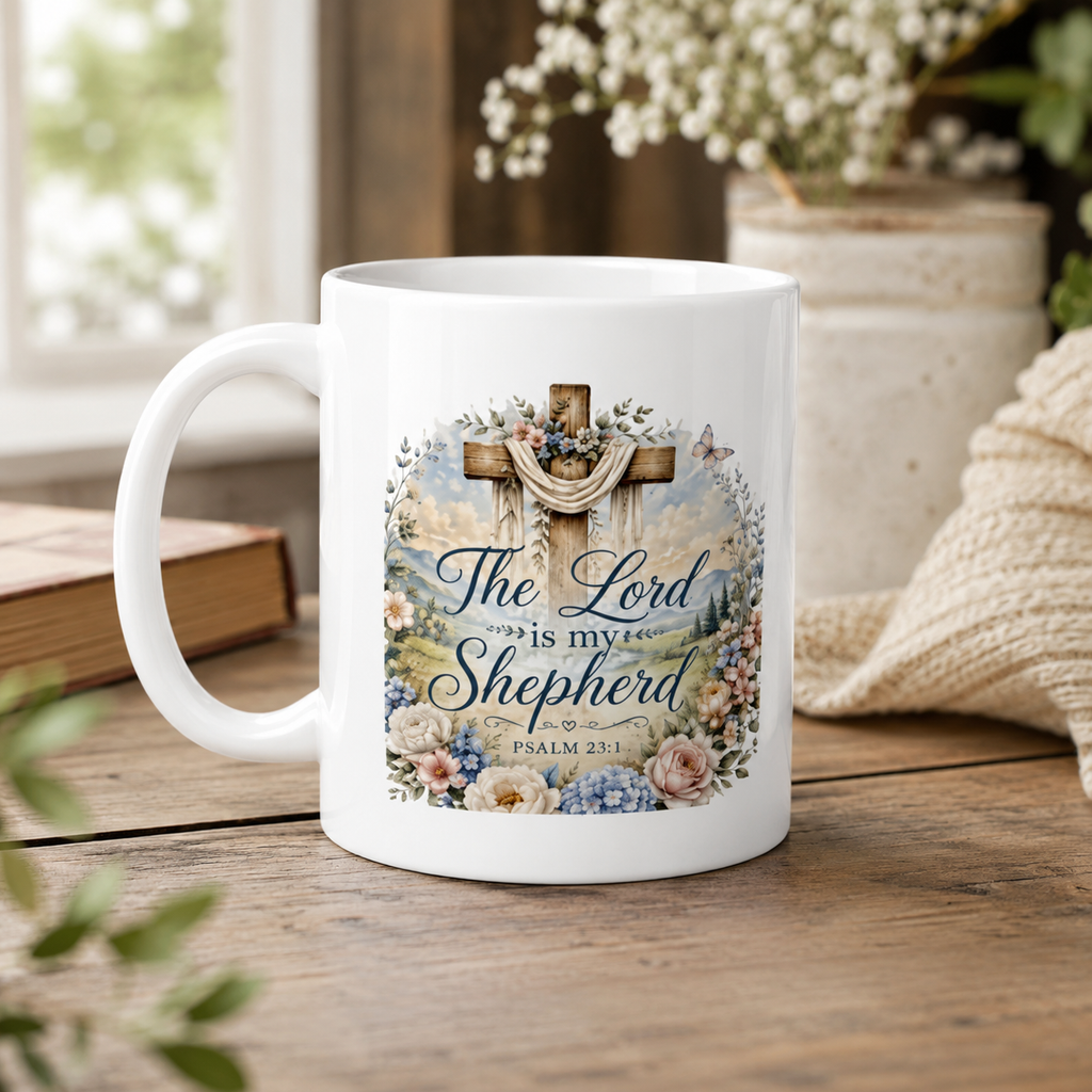 Floral 'The Lord Is My Sheperd' Ceramic Mug — 11oz/15oz