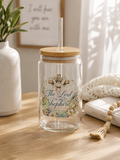 Glass Can Tumbler 'The Lord is My Shepherd' Floral Scripture 16oz with Straw & Bamboo Lid