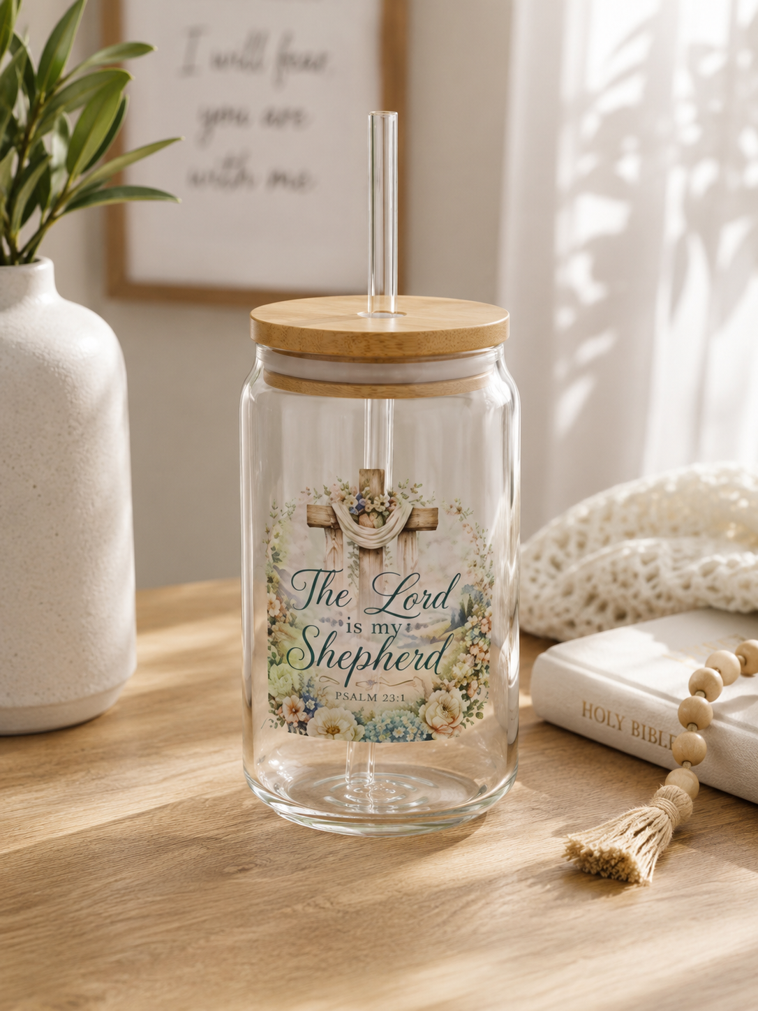 Glass Can Tumbler 'The Lord is My Shepherd' Floral Scripture 16oz with Straw & Bamboo Lid