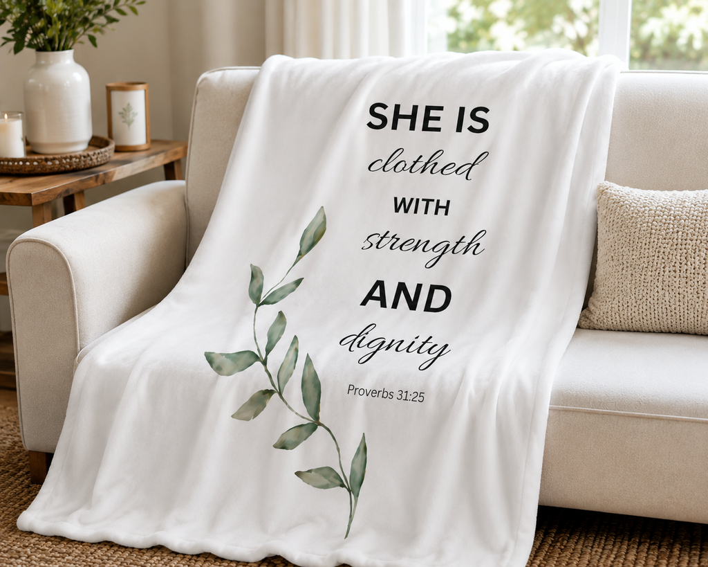 She Is Clothed With Strength And Dignity Throw Blanket — Proverbs 31 Inspirational Christian Blanket