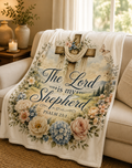 The Lord Is My Shepherd Throw Blanket — Psalm 23 Floral Cross Christian Blanket