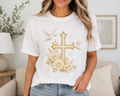 Gold Cross & Doves T-Shirt — Floral Christian Faith Tee for Easter, Baptism, & Church