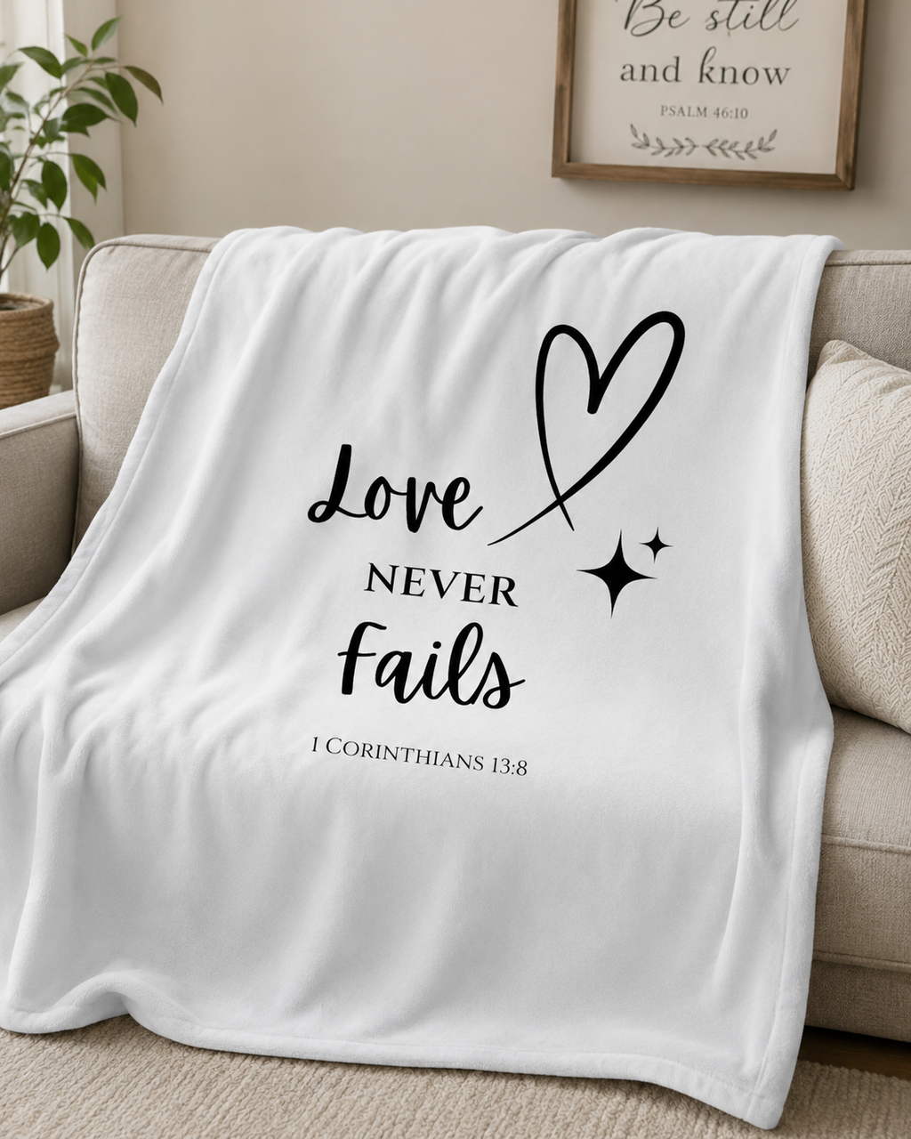 "Love Never Fails" Psalm 1 Corinthians 13:8 Inspirational Christian Cozy Throw