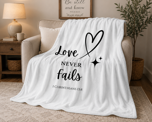 "Love Never Fails" Psalm 1 Corinthians 13:8 Inspirational Christian Cozy Throw