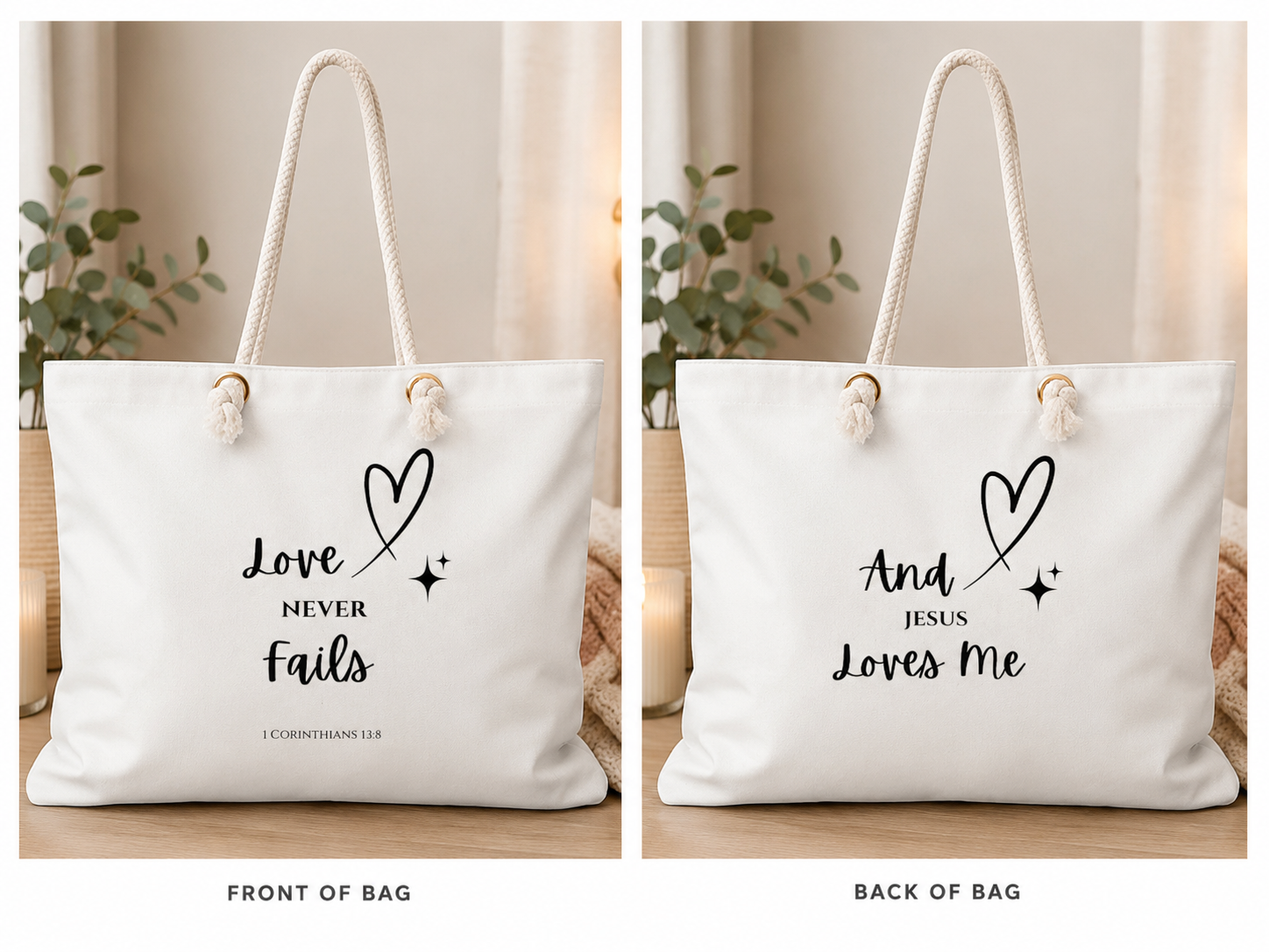 Faith Weekender Bag — "Love Never Fails" / "Jesus Loves Me" Christian Travel Tote