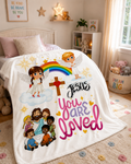 You Are Loved Christian Throw Blanket — Jesus Cross, Angels & Rainbow Kids Faith Gift