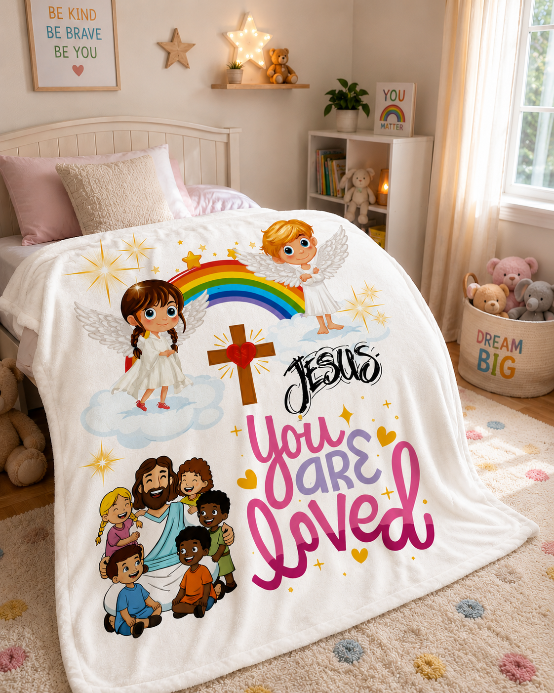 You Are Loved Christian Throw Blanket — Jesus Cross, Angels & Rainbow Kids Faith Gift