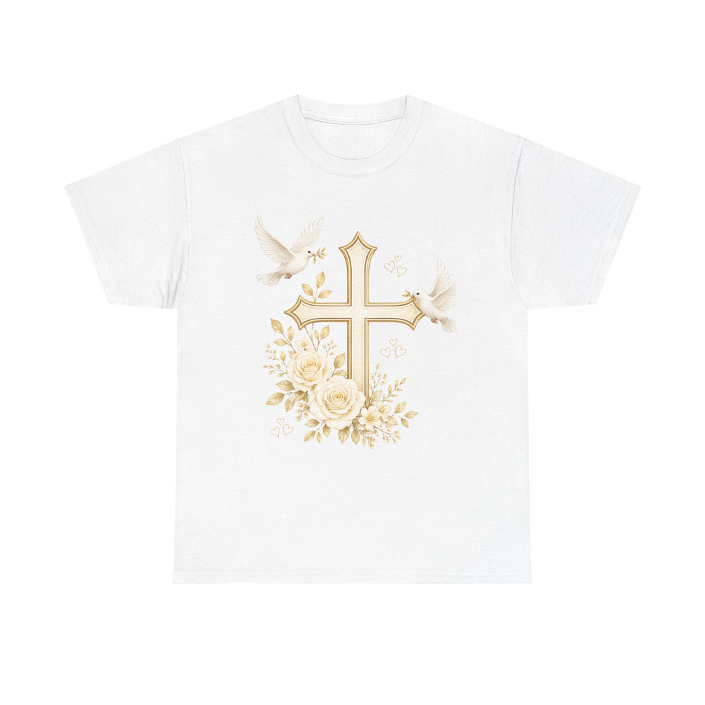 Gold Cross & Doves T-Shirt — Floral Christian Faith Tee for Easter, Baptism, & Church