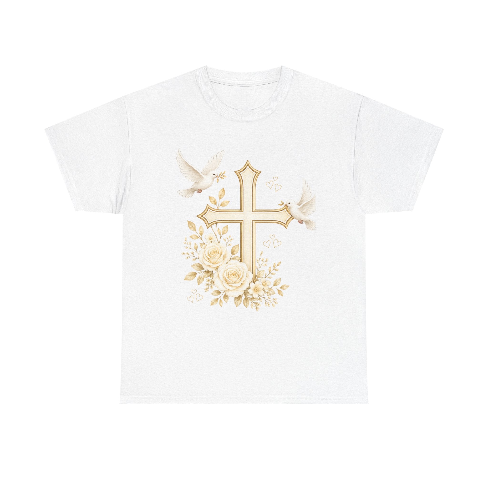Gold Cross & Doves T-Shirt — Floral Christian Faith Tee for Easter, Baptism, & Church