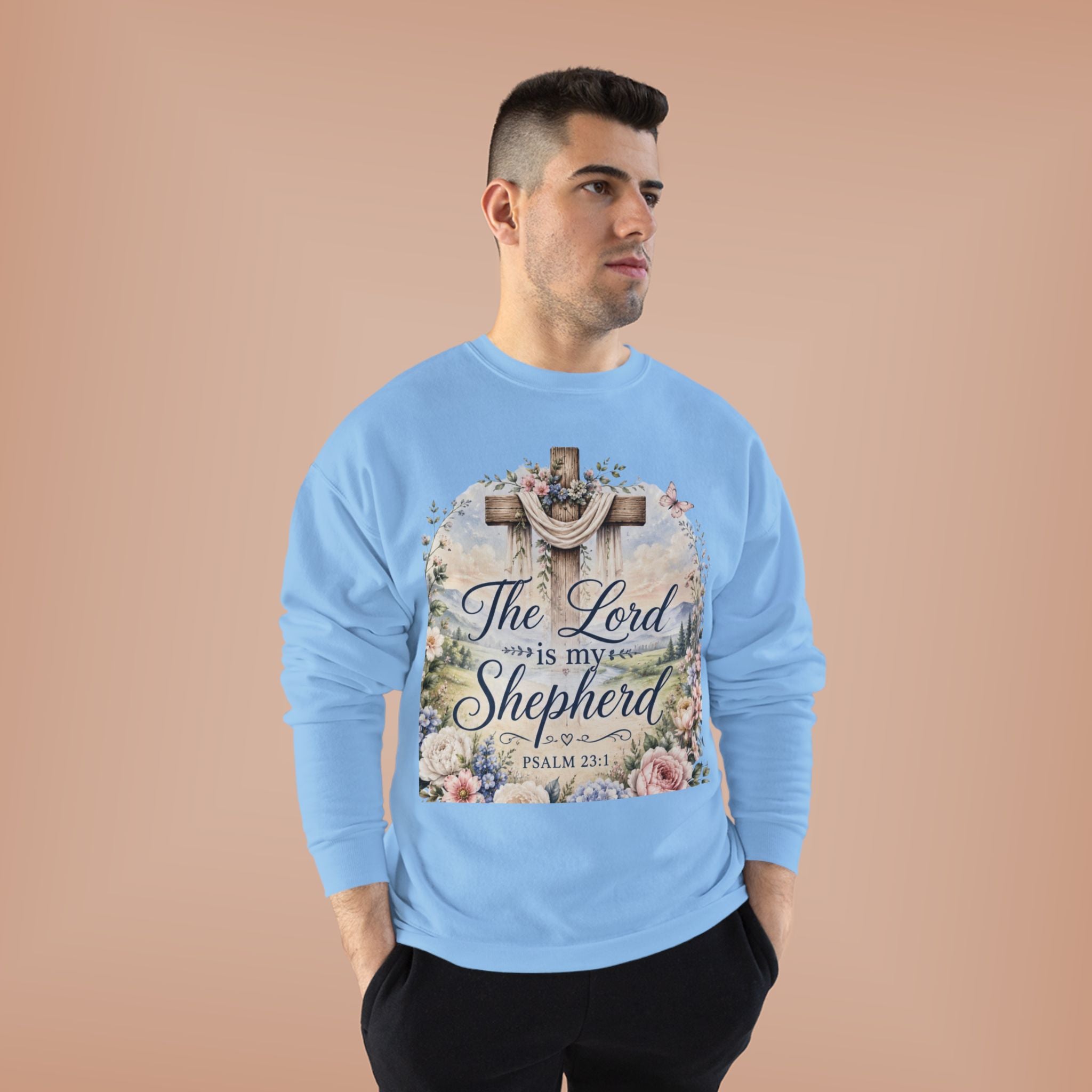 Christian Crewneck Sweatshirt — "The Lord is My Shepherd" Floral Cross Psalm 23:1