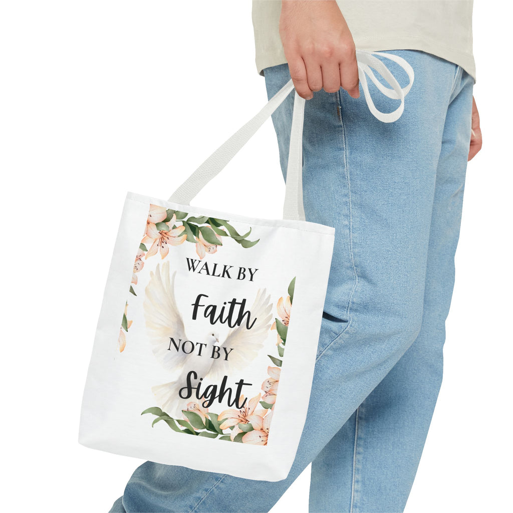Faith Quote Floral Tote Bag — "Walk by Faith Not by Sight" Inspirational Tote