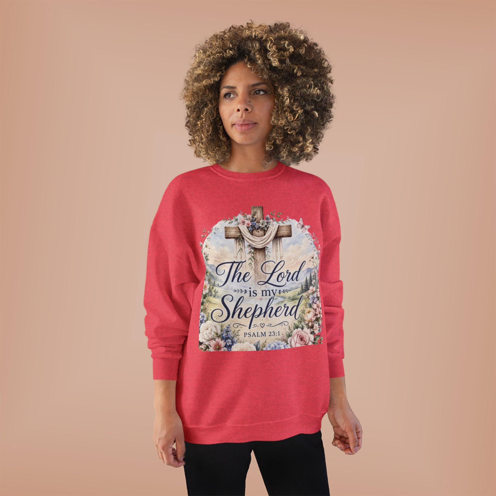 Christian Crewneck Sweatshirt — "The Lord is My Shepherd" Floral Cross Psalm 23:1