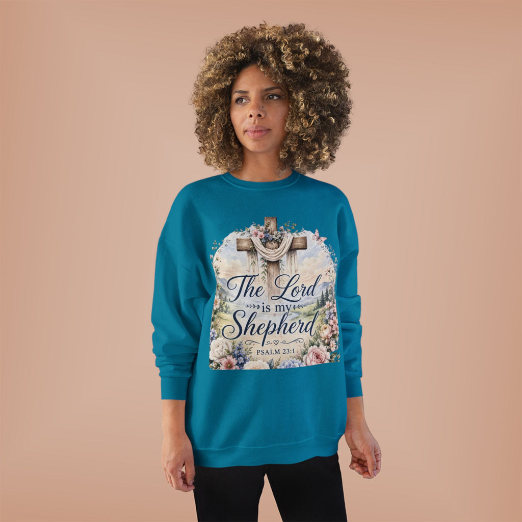 Christian Crewneck Sweatshirt — "The Lord is My Shepherd" Floral Cross Psalm 23:1