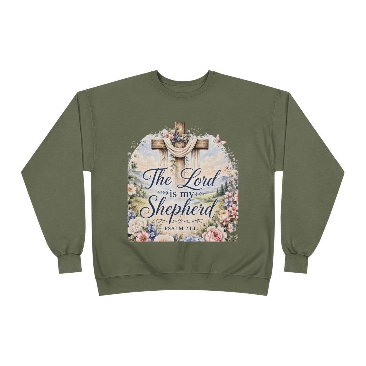 Christian Crewneck Sweatshirt — "The Lord is My Shepherd" Floral Cross Psalm 23:1